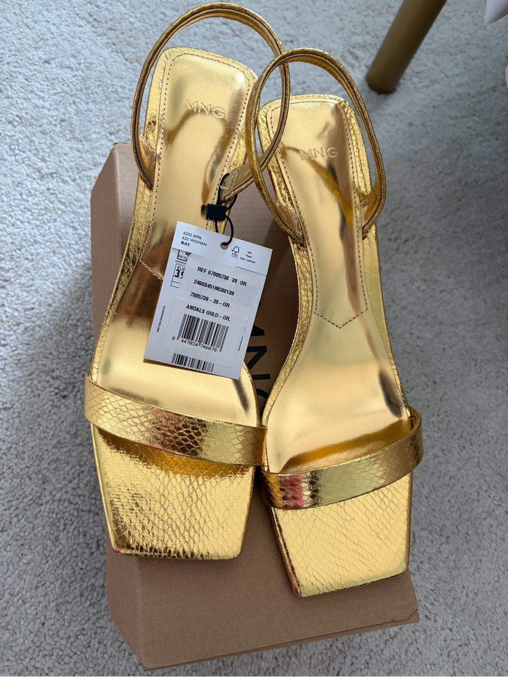 Mango Metallic Gold Square-Toe Slingback Heels